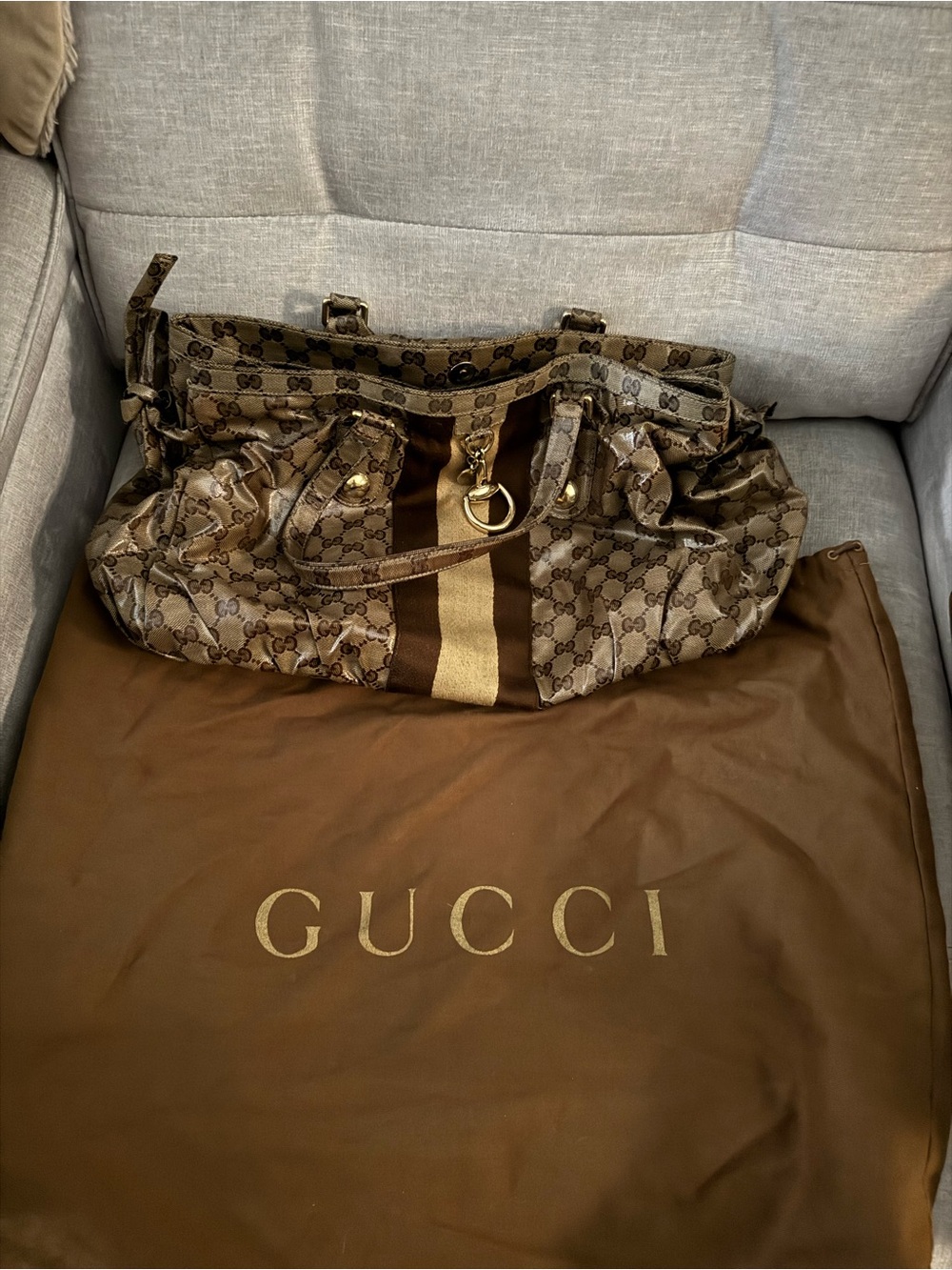 Gucci Brown Monogram Duffel with Dark Brown and Gold Stripe